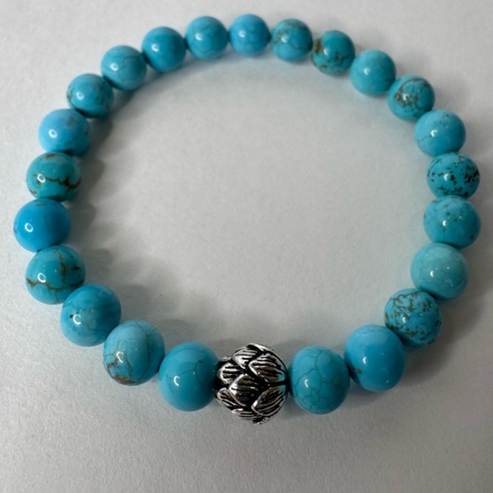 Hand Crafted Lotus Blossom Stretch Bracelet Turquoise Silver Beaded